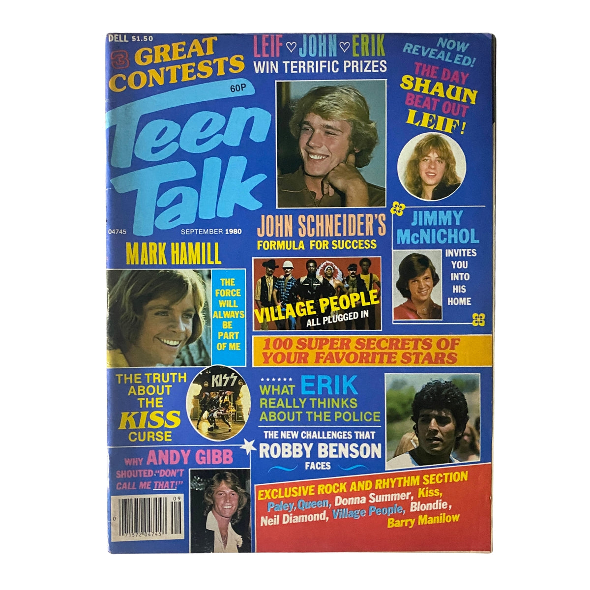 Cover of Teen Talk Magazine September 1980 featuring John Schneider, Mark Hamill, and Jimmy McNichol. Highlights celebrity interviews and pop culture themes.