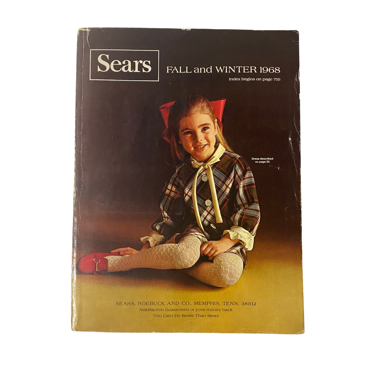 Cover of the 1968 Sears Fall and Winter Catalog featuring a young girl in a plaid dress with a red bow, showcasing vintage fashion from the late 1960s.