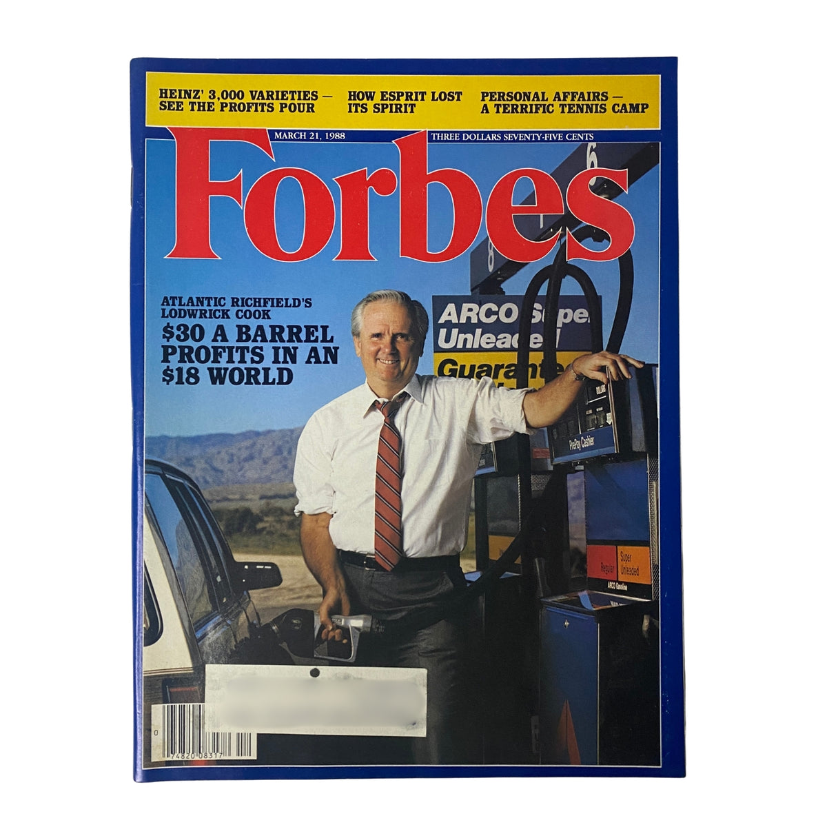 Forbes Magazine March 21, 1988 cover featuring Atlantic Richfield's Lodwrick Cook, highlighting the article on thriving in an $18 oil world. The cover showcases a man in formal attire at a gas station.