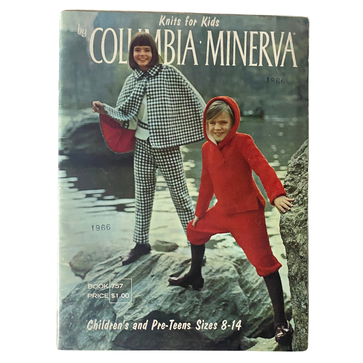 Cover of the 1966 Knits for Kids and for the Young by Columbia Minerva. Features two children, a girl in a black and white checked outfit and a boy in a red outfit, posing outdoors near water.