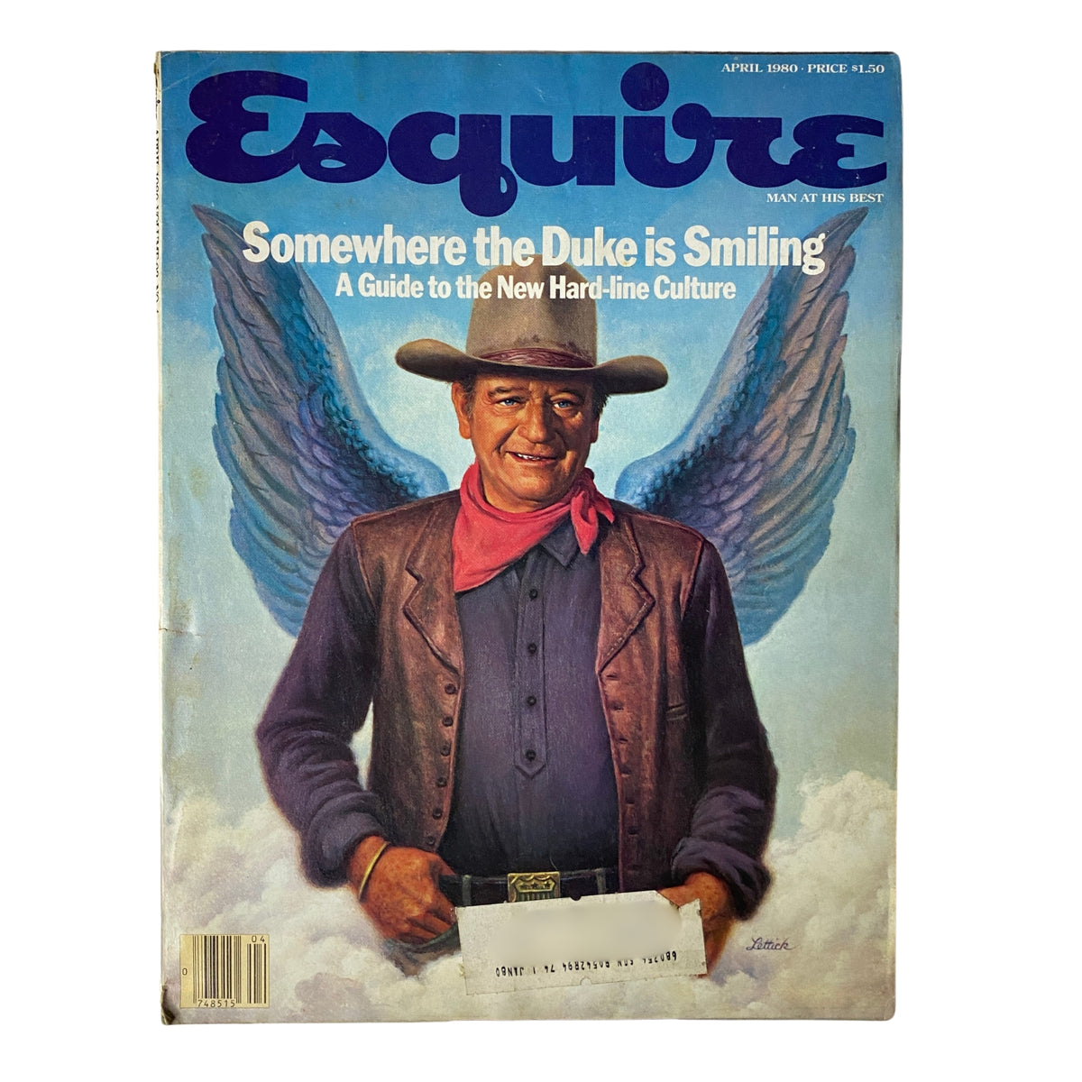 Cover of Esquire Magazine April 1980 titled 'Somewhere the Duke is Smiling' featuring an artistic depiction of a cowboy with angel wings, encapsulating themes of culture and nostalgia.