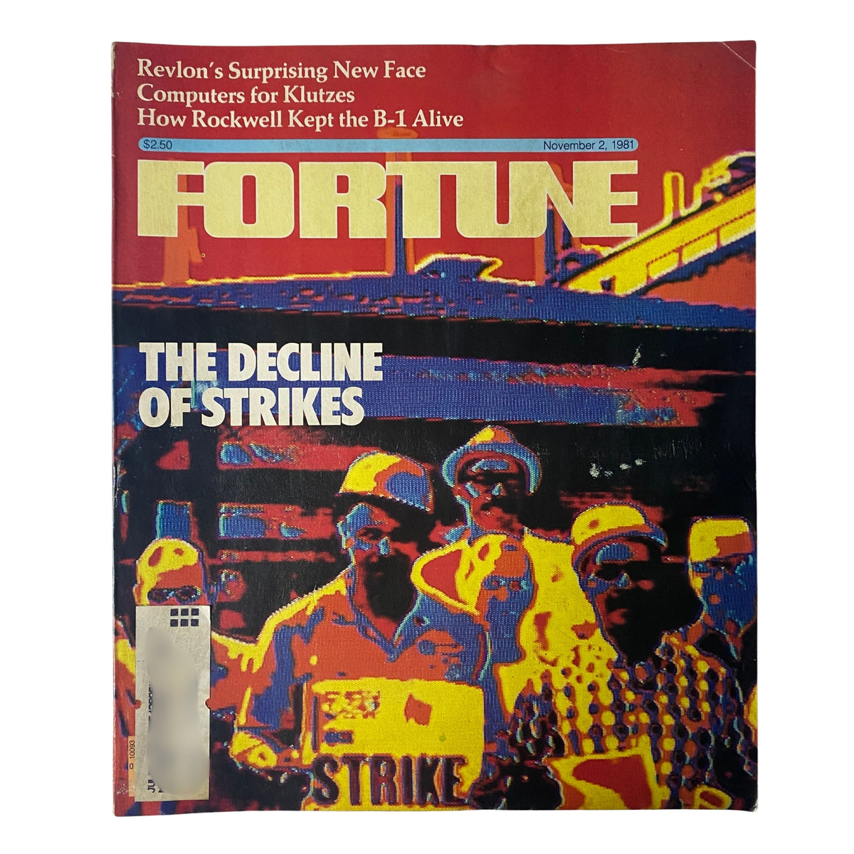 Cover of Fortune Magazine from November 2, 1981, featuring the headline 'The Decline of Strikes.' The cover showcases a colorful image related to labor strikes, highlighting the theme of the issue.