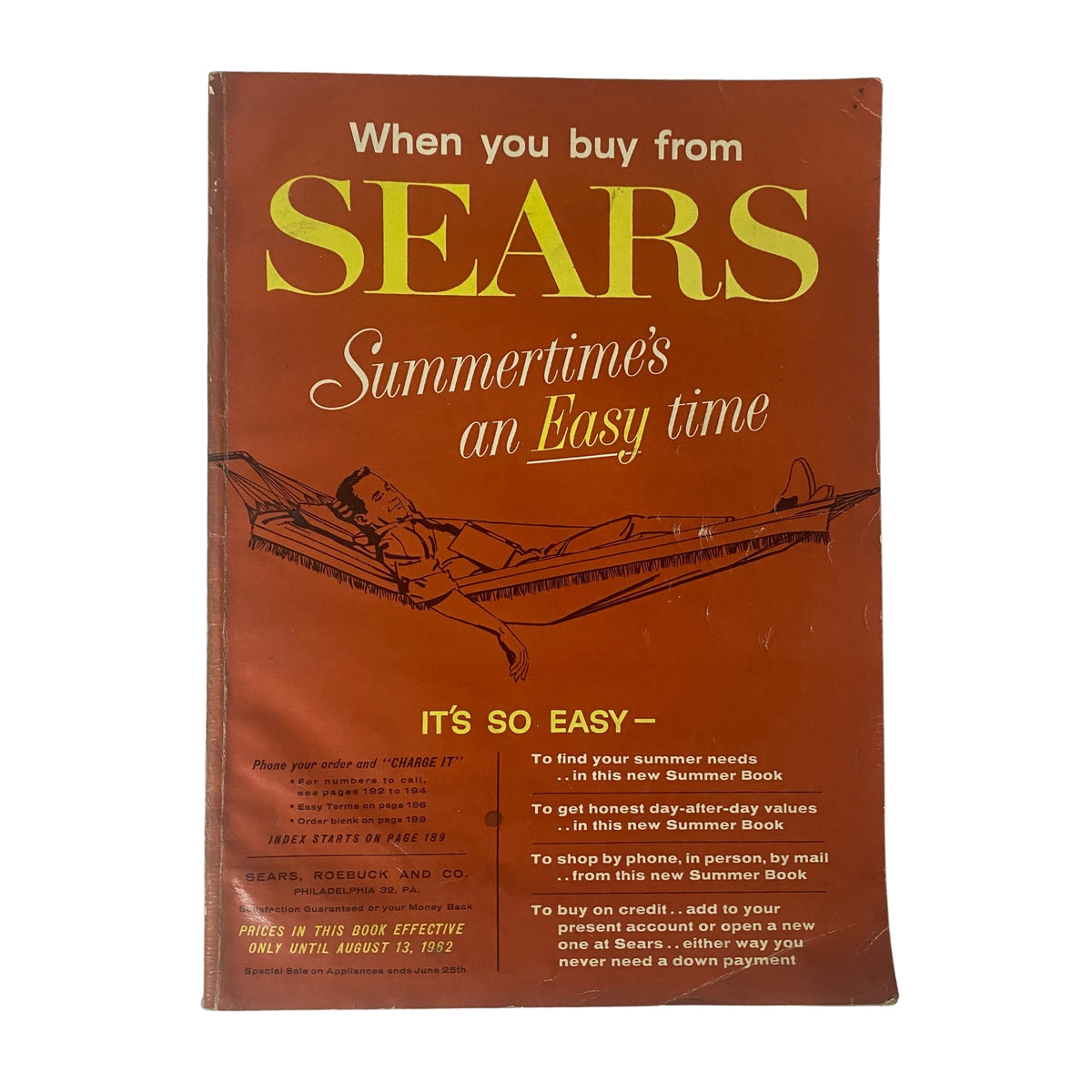 Cover of the 1962 Sears Roebuck and Co. Summer Book Catalog featuring a vintage design with a relaxing figure in a hammock, promoting summer shopping ease.