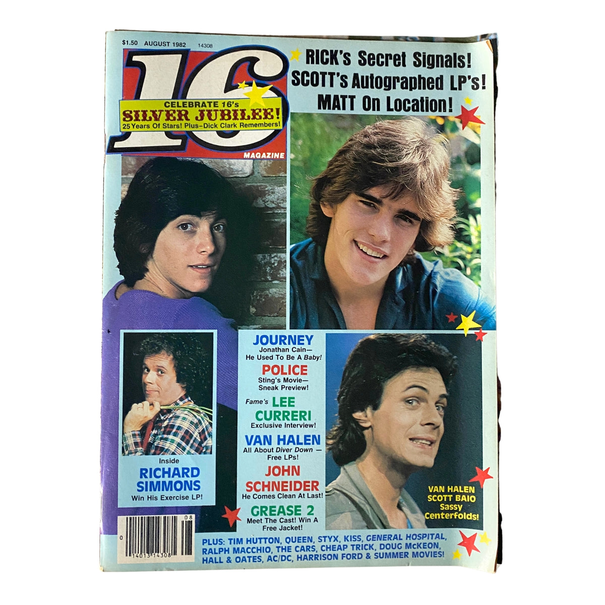 Cover of 16 Magazine August 1982 featuring Richard Simmons and Scott Baio with additional mention of pop culture content inside.