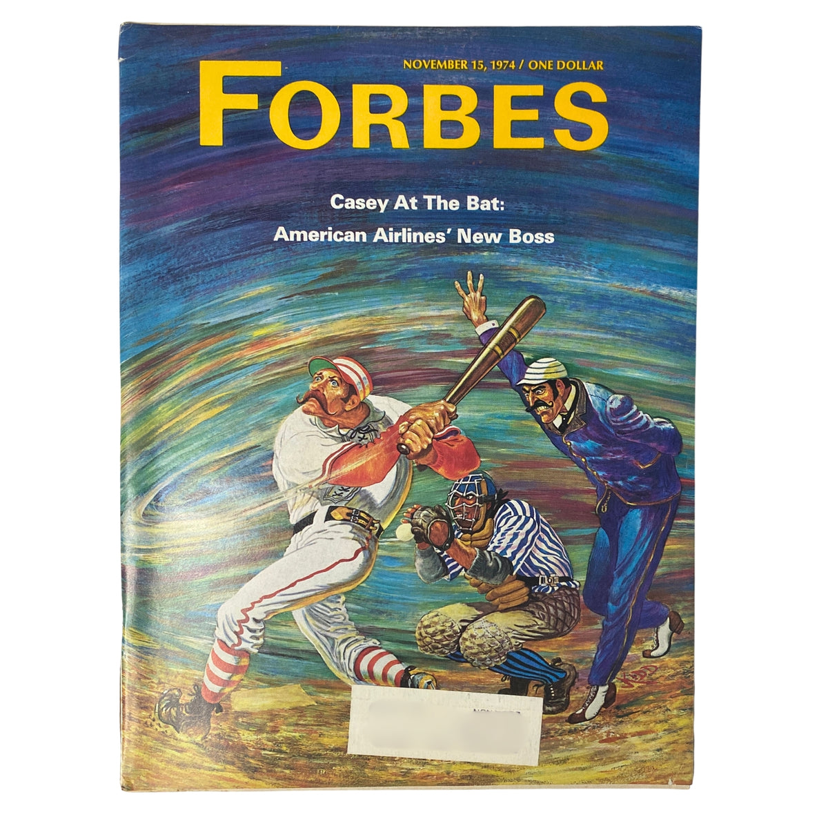 Cover of Forbes Magazine dated November 15, 1974, featuring the title 'Casey At The Bat: American Airlines' New Boss', showcasing baseball imagery and a colorful illustration that reflects corporate leadership themes.