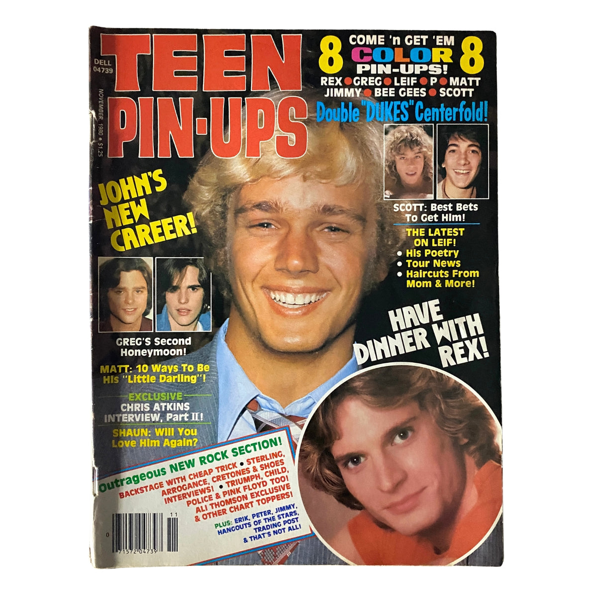 Cover of Teen Pin-Ups Magazine November 1980 featuring Scott Baio and John Schneider, highlighting 'John's New Career,' with bold text and color pin-ups including a double centerfold.