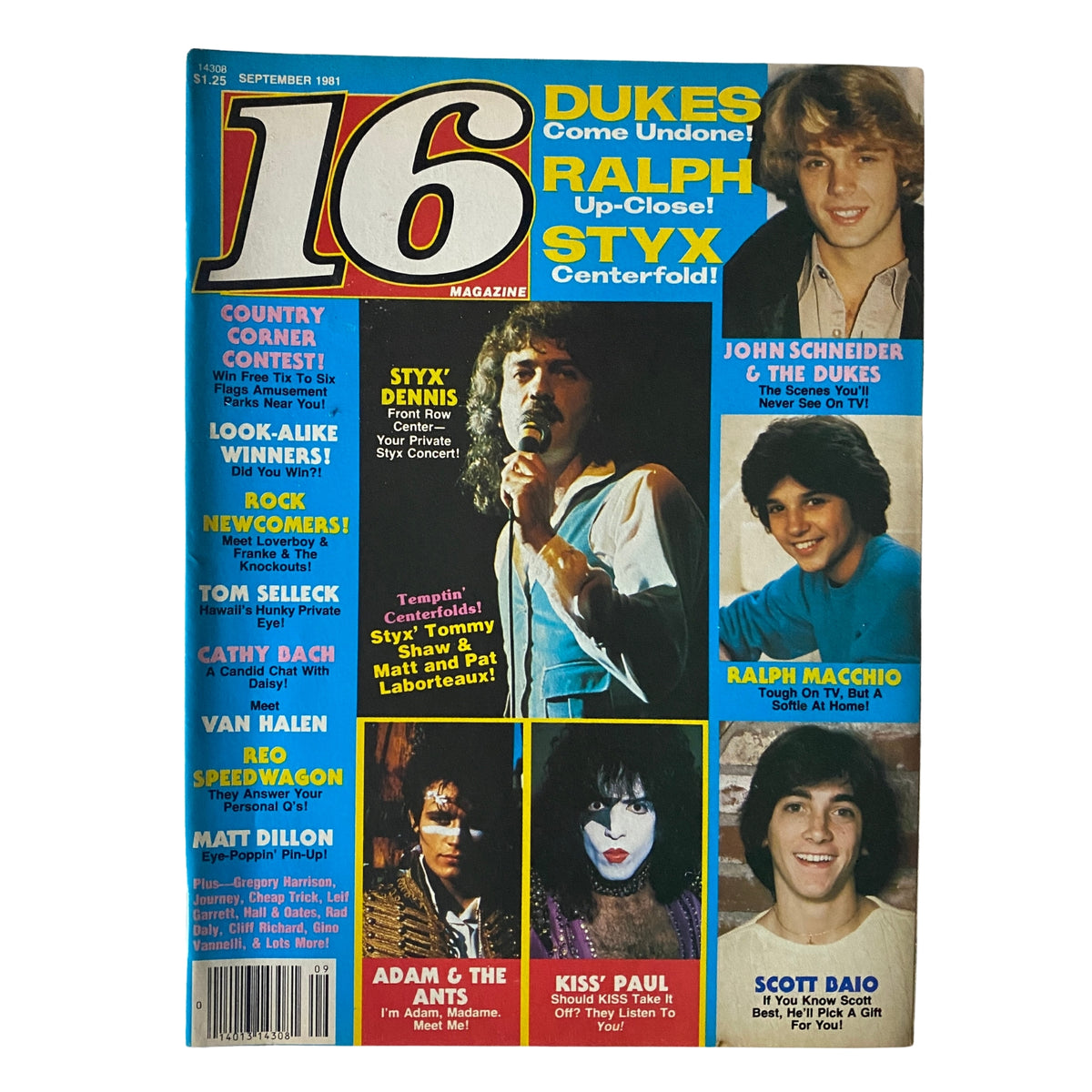 Cover of 16 Magazine September 1981 featuring Dennis DeYoung of Styx and John Schneider from The Dukes of Hazzard, showcasing vibrant pop culture highlights from the early '80s.