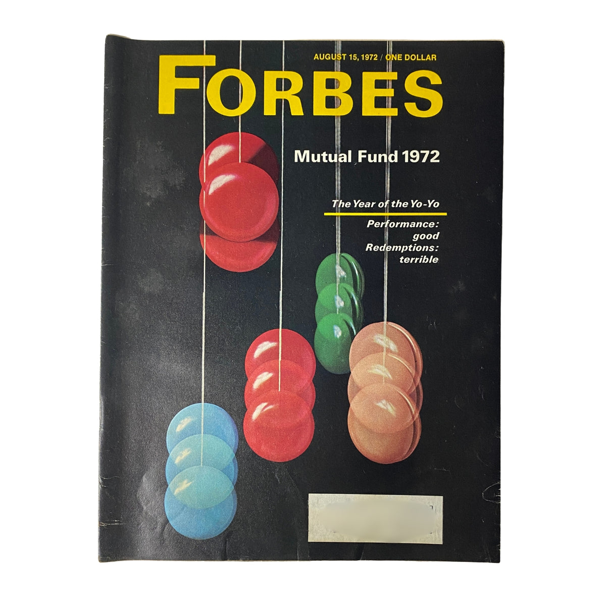 Cover of Forbes Magazine, August 15, 1972, featuring the title 'Mutual Fund 1972' and the phrase 'The Year of the Yo-Yo'. The cover illustration showcases colorful yo-yos, highlighting themes around mutual fund performance.