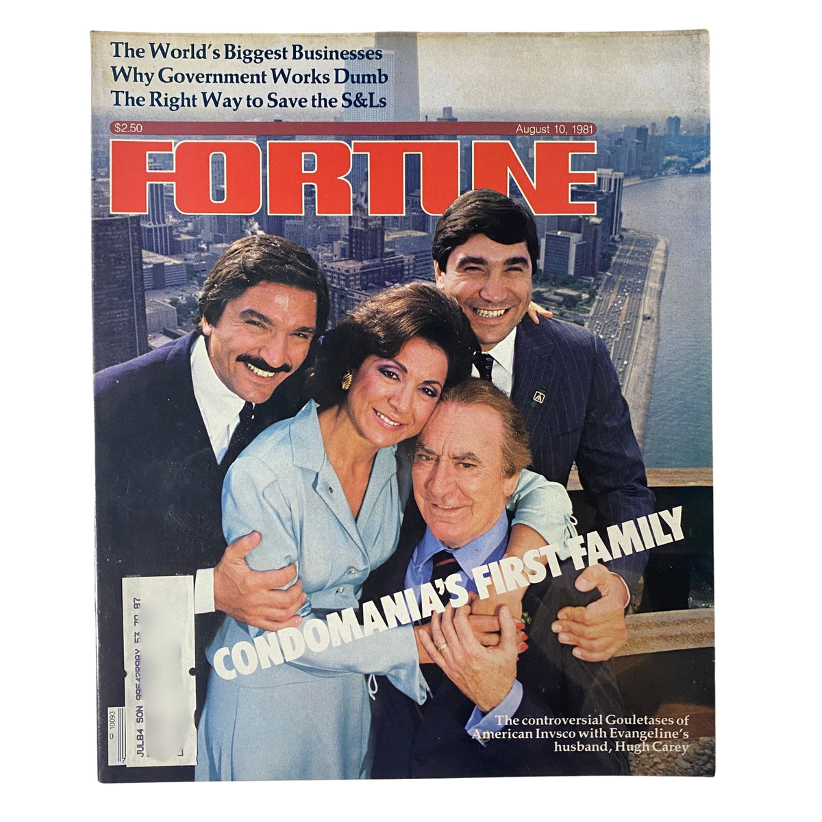 Cover of Fortune Magazine August 10, 1981 titled 'Condomania's First Family', featuring four individuals celebrating the condominium boom, with a city skyline in the background.