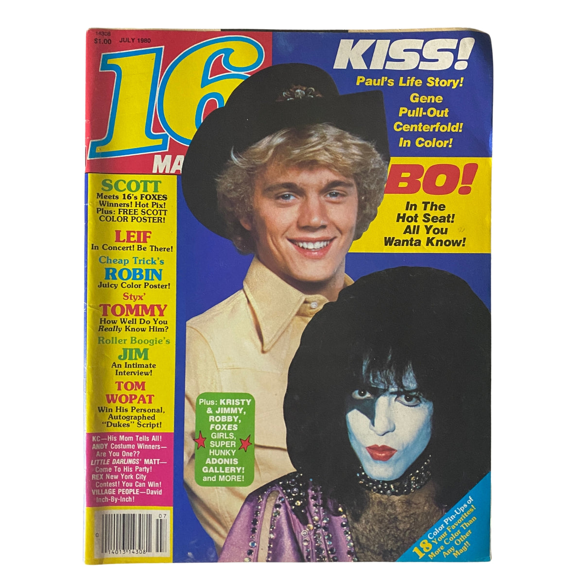 Cover of 16 Magazine July 1980 featuring John Schneider and Paul Stanley from KISS, showcasing vibrant pop culture of the 1980s.