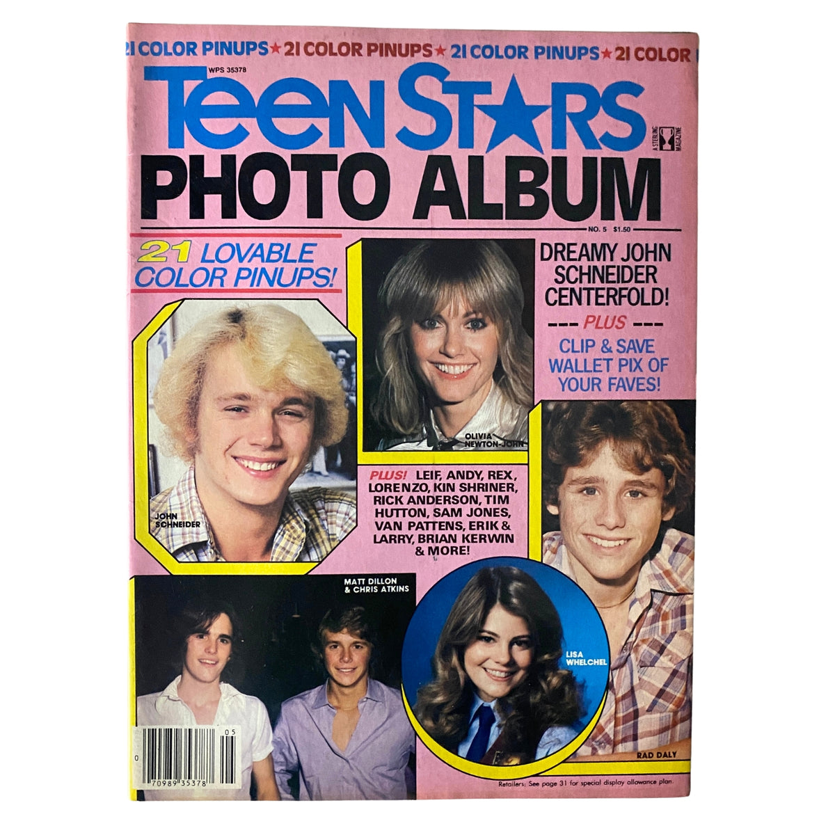 Cover of Teen Stars Photo Album Issue No. 5 featuring John Schneider and Olivia Newton-John, showcasing colorful pinups and nostalgic 1980s teen icons.