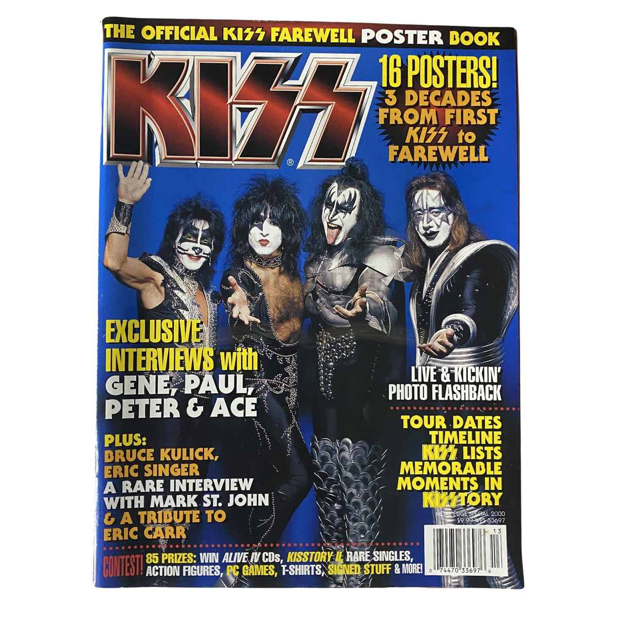KISS Farewell Poster Book Metal Edge Special 2000 cover featuring band members Gene Simmons, Paul Stanley, and Ace Frehley, celebrating the iconic KISS Farewell Tour with 16 posters and exclusive interviews.