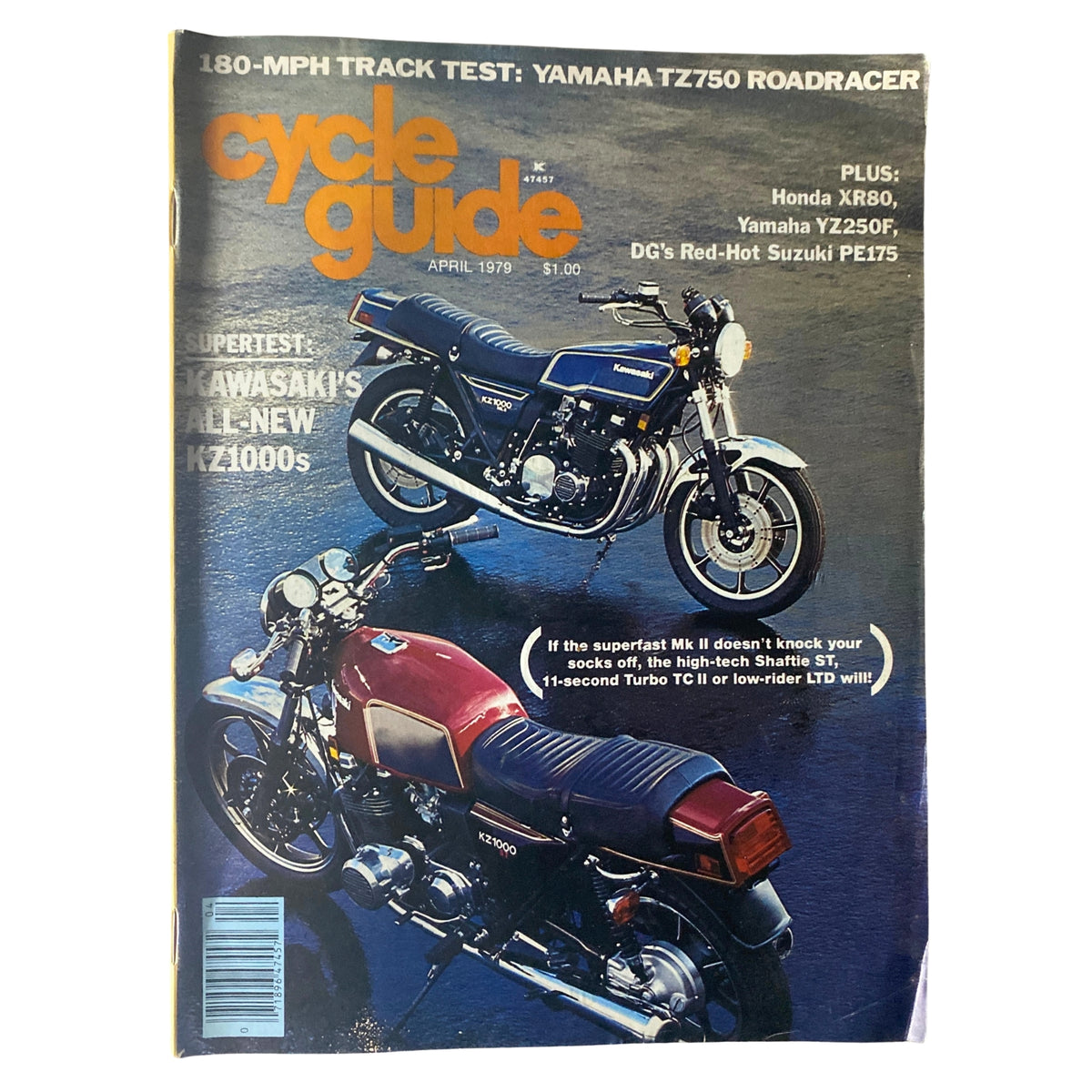 Cycle Guide Magazine April 1979 featuring Kawasaki's All-New KZ1000s on the cover, with a stylish illustration of motorcycles.