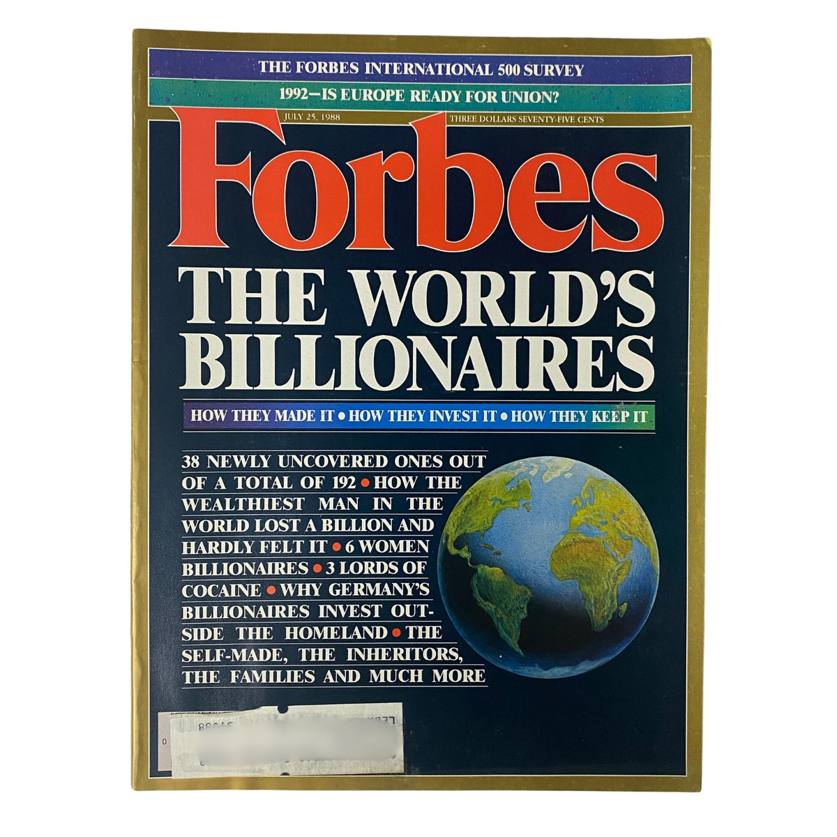Cover of Forbes Magazine, July 25, 1988, titled 'The World's 192 Billionaires', featuring colorful graphics and a globe illustration.