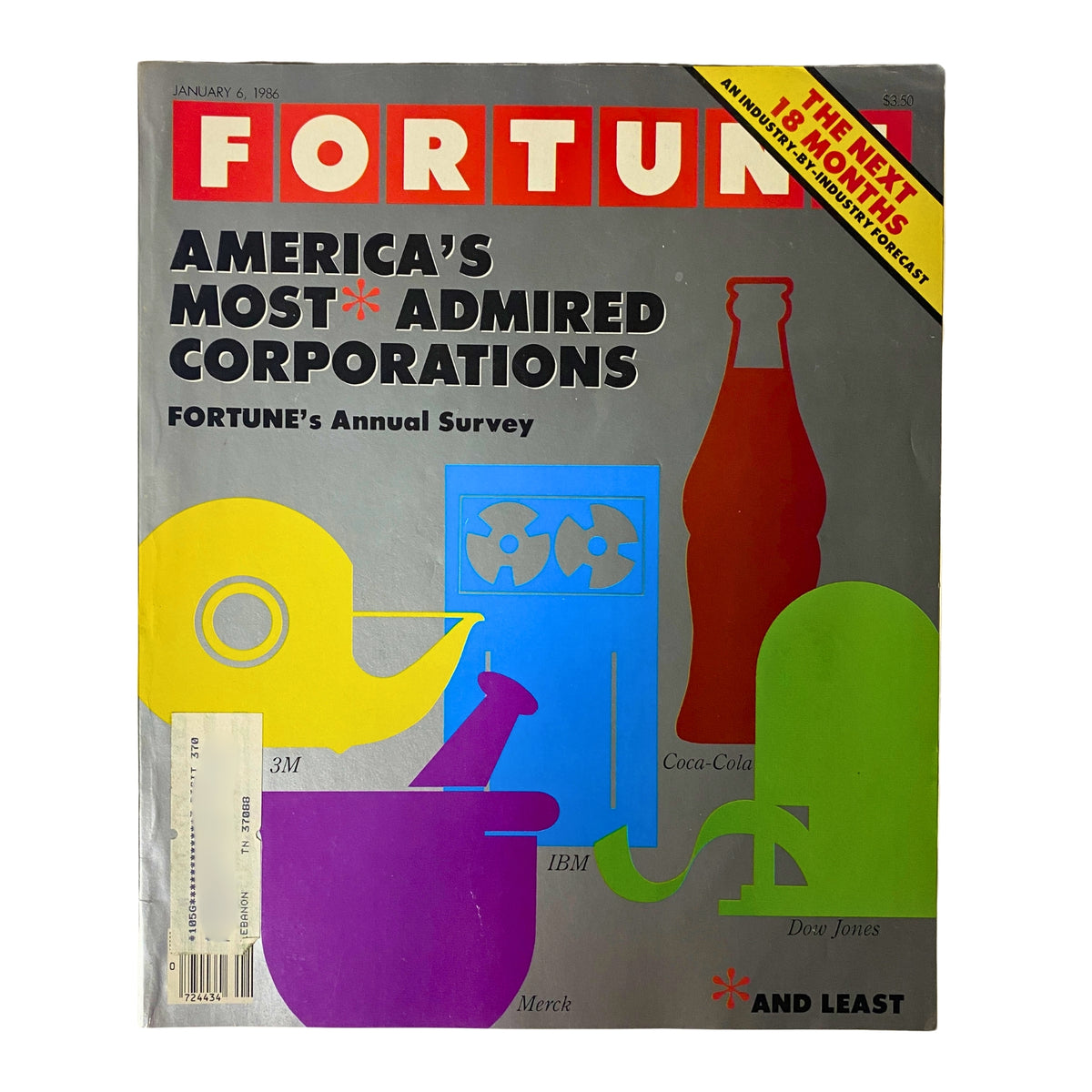 Fortune Magazine cover from January 6, 1986, featuring the title 'America's Most Admired Corporations', showcasing colorful illustrations representing various corporations such as IBM and Coca-Cola.