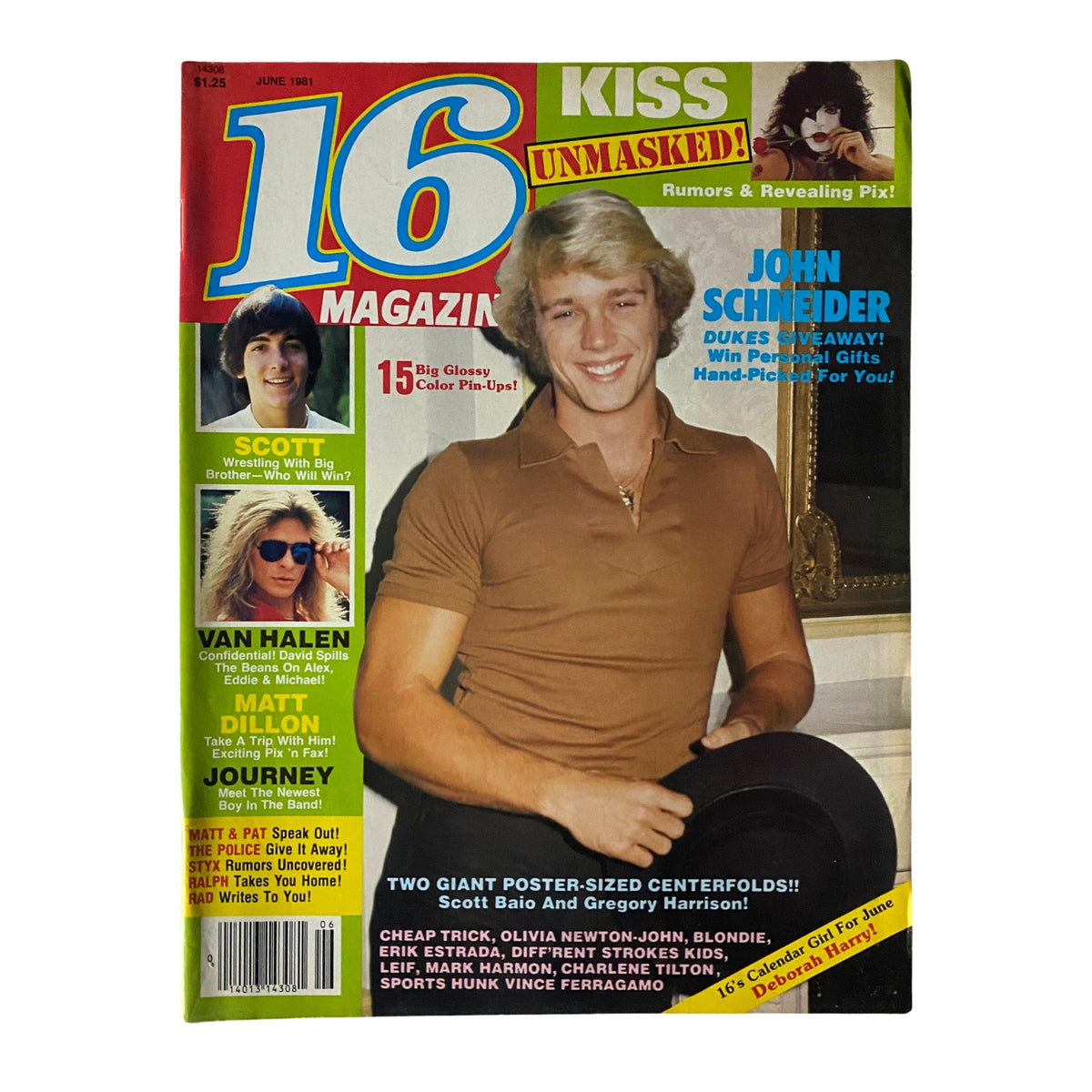 Cover of 16 Magazine from June 1981 featuring John Schneider, Scott Baio, and Paul Stanley. The cover highlights celebrities, contests, and features iconic images from the early 80s.