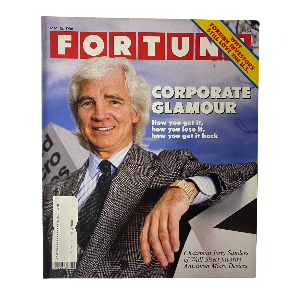 Fortune Magazine cover dated May 12, 1986, featuring Chairman Jerry Sanders of Wall Street and the headline 'Corporate Glamour: How you get it, how you lose it, how you get it back.'