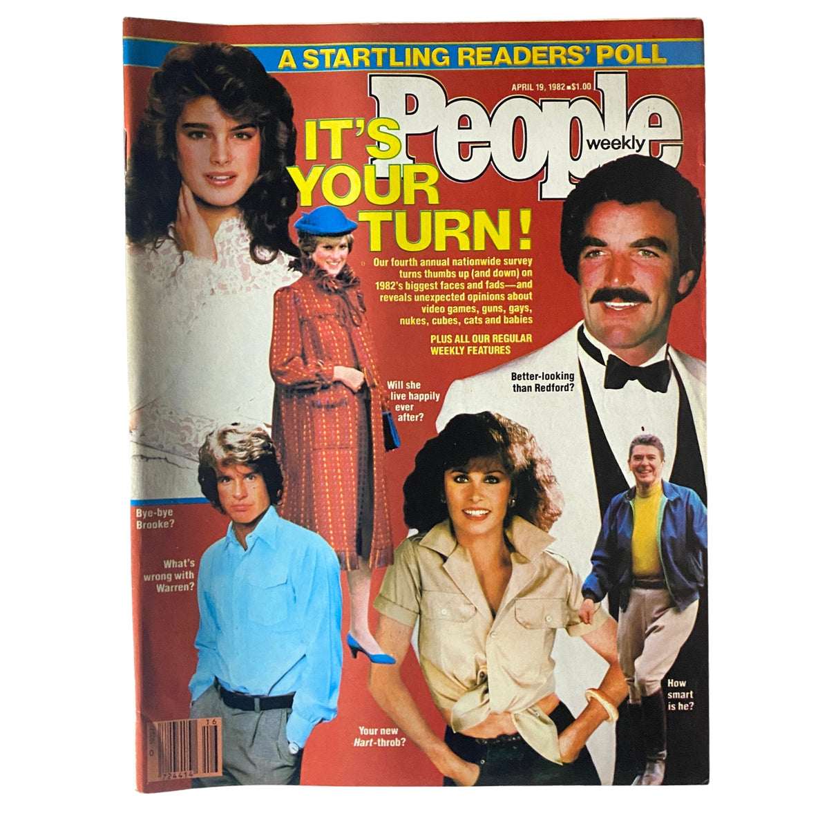 Cover of People Weekly Magazine from April 19, 1982 featuring Brooke Shields and Tom Selleck, showcasing various notable personalities and articles about 1980s pop culture.