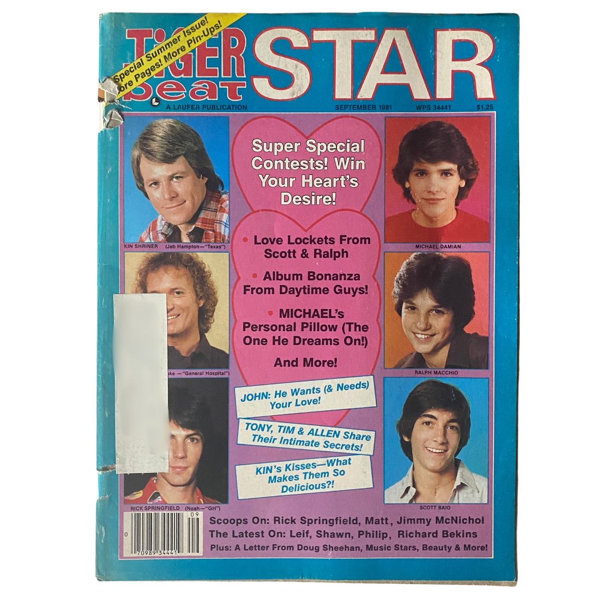 Cover of Tiger Beat Star Magazine September 1981 featuring Kin Shriner, Michael Damian, and Scott Baio with colorful graphics and promotional teasers.