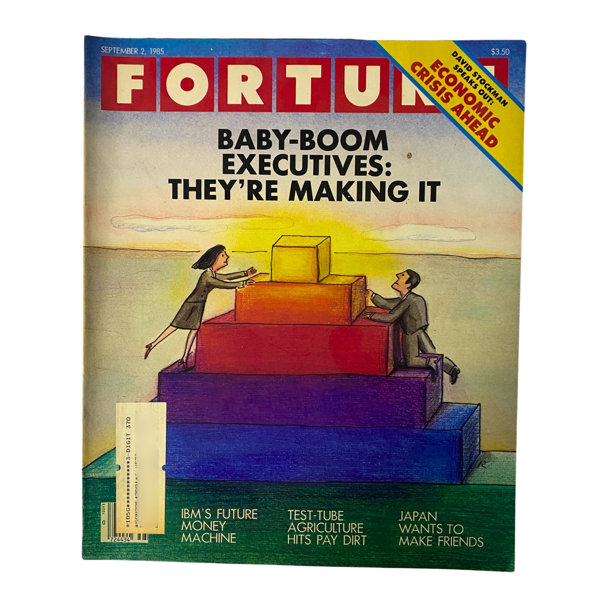 Fortune Magazine September 2, 1985 cover featuring the title 'Baby-Boom Executives: They're Making It', showcasing colorful graphics depicting executives and key themes of corporate strategy.