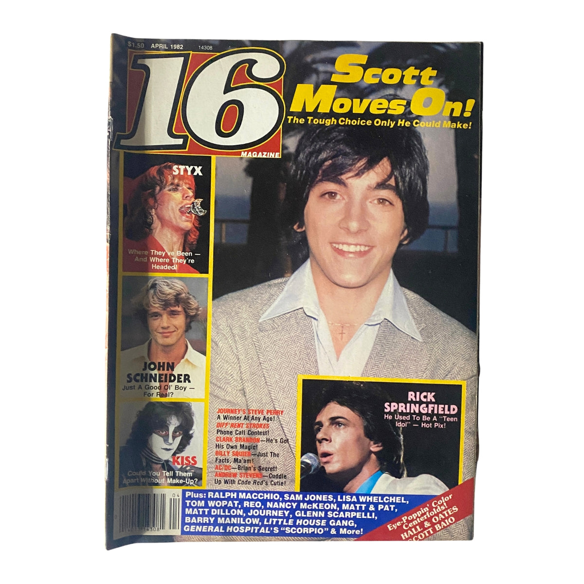 Cover of 16 Magazine April 1982 featuring Scott Baio and Rick Springfield. The issue includes celebrity highlights, engaging features, and a nostalgic look back at 1980s pop culture.