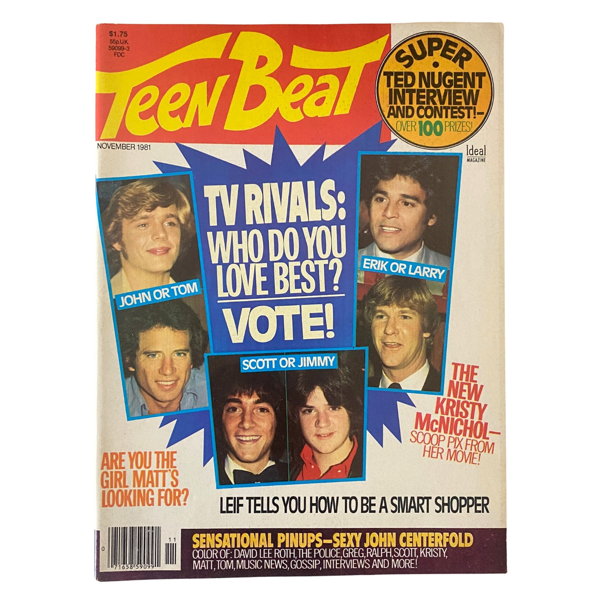 Cover of Teen Beat Magazine November 1981 featuring John Schneider and Tom Selleck, with headlines about TV rivals and a contest. The magazine highlights include celebrity pinups and exclusive interviews.
