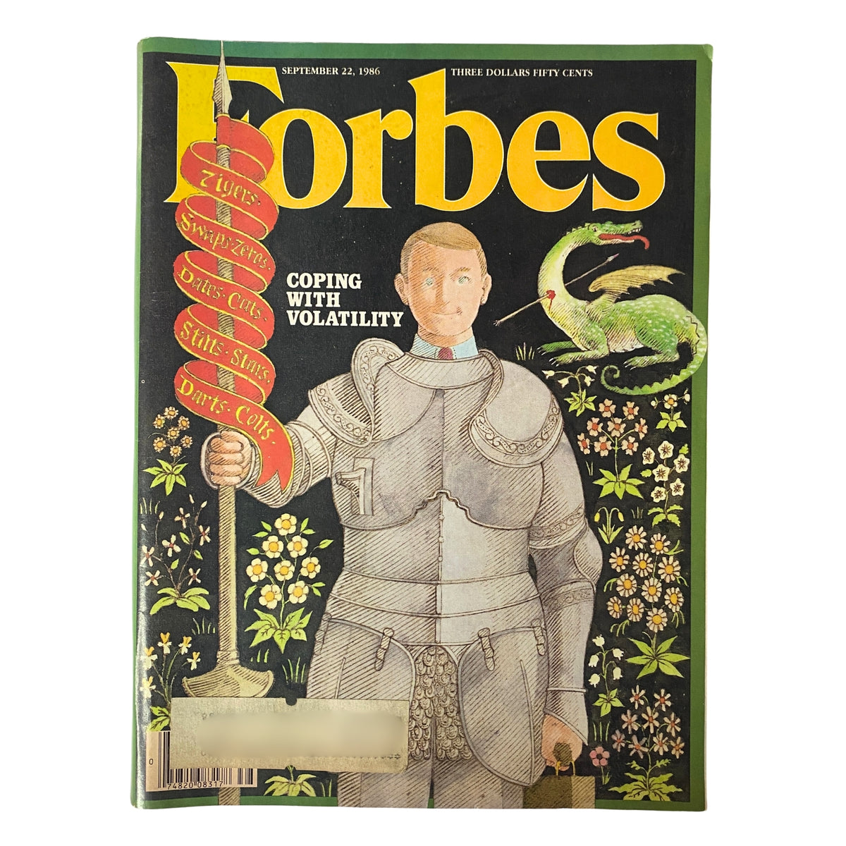 Forbes Magazine cover from September 22, 1986, featuring the title 'What's with The Casino Society?' with an illustration of a knight holding a sign about coping with volatility alongside a dragon and floral designs.