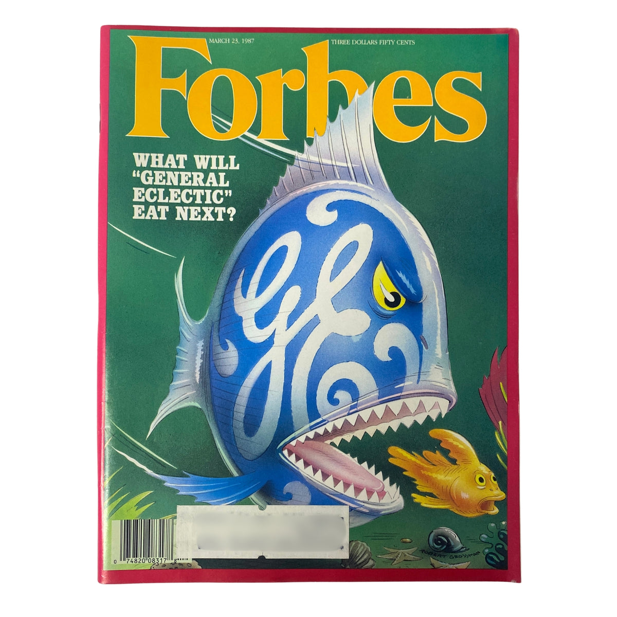 Forbes Magazine cover from March 23, 1987, featuring the title 'What Will "General Electric" Eat Next?' with a colorful illustration of a large fish, stylized to represent corporate themes and the business environment of the late 1980s.