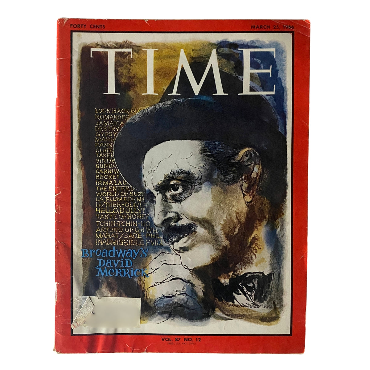 Cover of Time Magazine from March 25, 1966, Vol 87 No. 12 featuring Broadway's David Merrick, showcasing vintage art and the iconic figure of theater on its cover.
