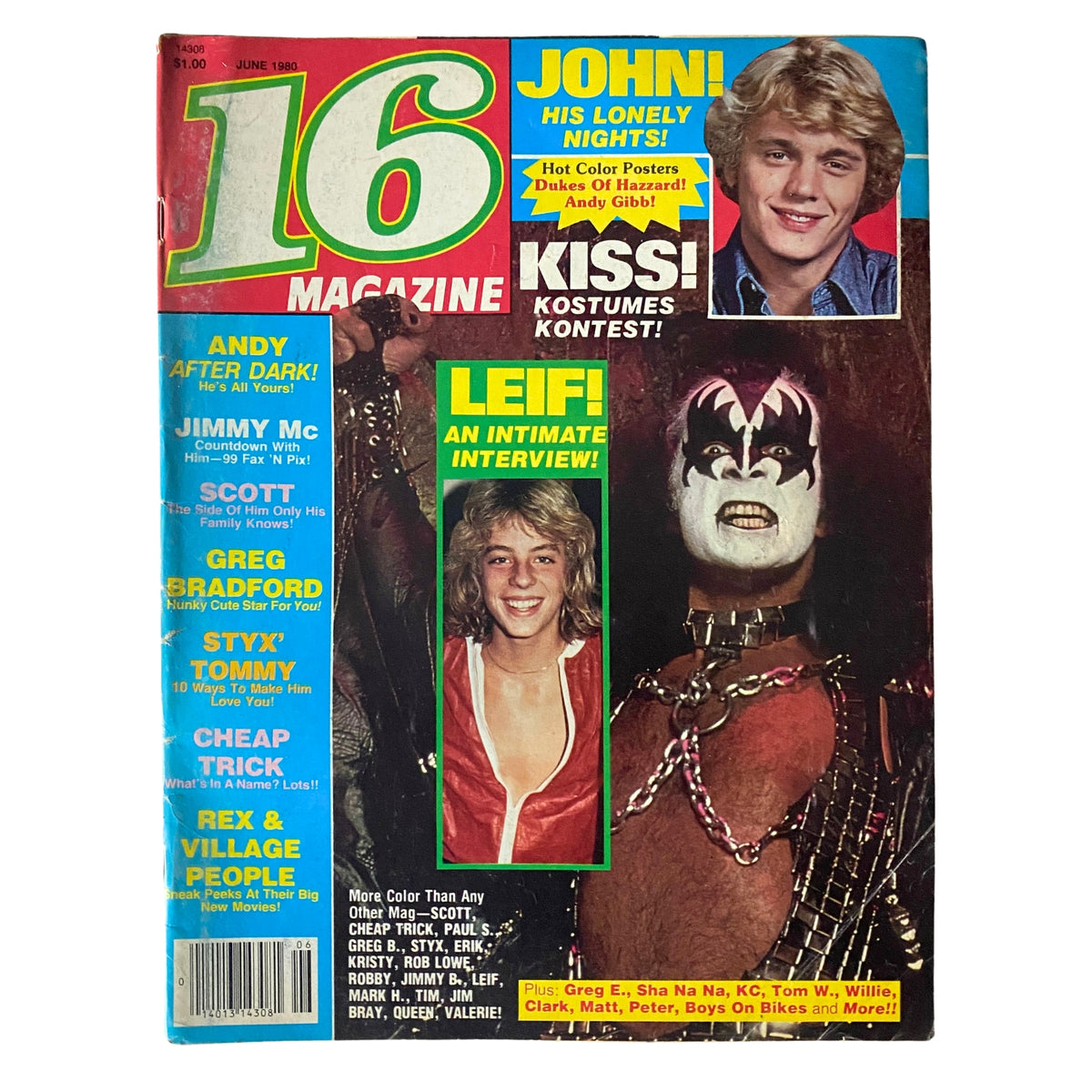 16 Magazine June 1980 cover featuring John Schneider and Gene Simmons of KISS, showcasing vibrant colors and classic rock icons.