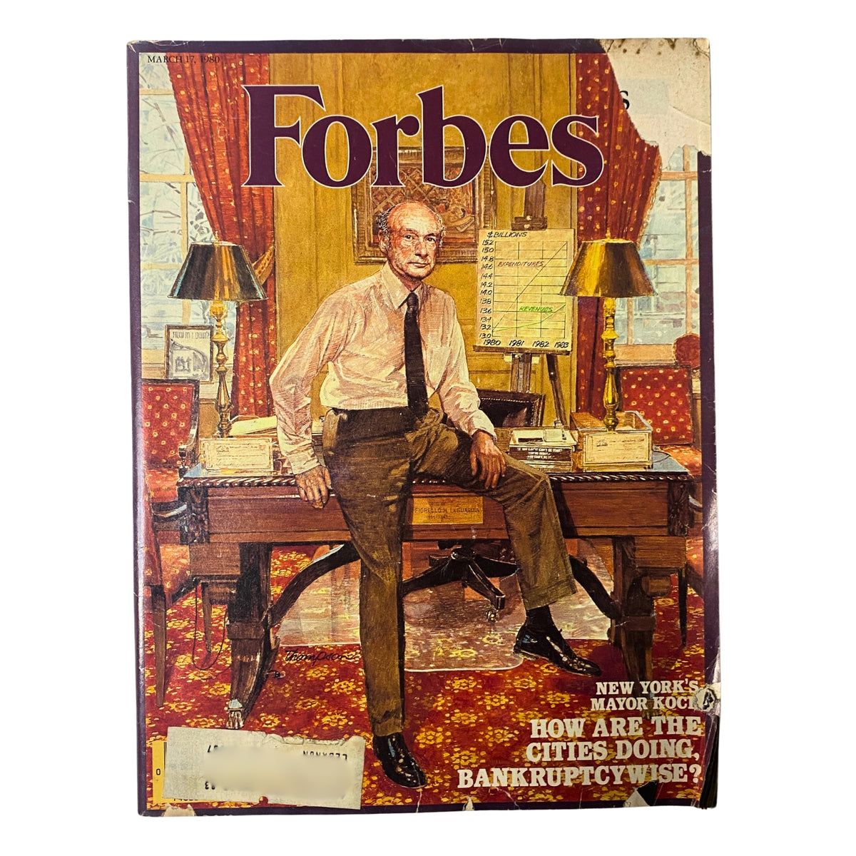 Cover of Forbes Magazine from March 17, 1980 featuring New York Mayor Ed Koch sitting at a desk, with the headline asking, 'How Are The Cities Doing, Bankruptcy Wise?'.