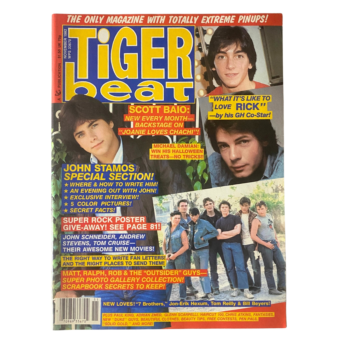 Cover of Tiger Beat Magazine November 1982 featuring Scott Baio and Michael Damian with articles and pinups highlighted.