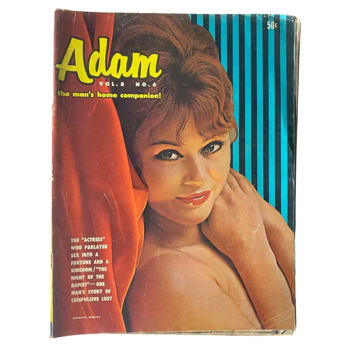 Cover of Adam Magazine April 1964 Vol 8 No. 4 featuring a woman with striking makeup, highlighting vintage mid-century culture and entertainment themes.