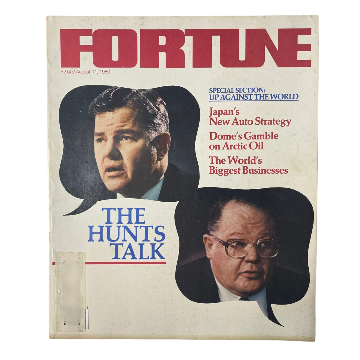 Cover of Fortune Magazine dated August 11, 1980, featuring an exclusive interview titled 'The Hunts Talk' with Herbert and Bunker Hunt along with articles on Japan's auto strategy and Arctic oil.