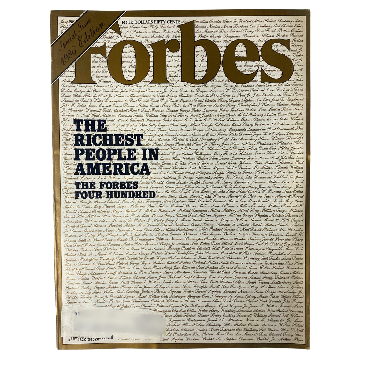 Cover of Forbes Magazine 1986 Issue titled 'The Richest People in America: The Forbes Four Hundred'. Featuring a gold and black design, it showcases the names of the wealthiest individuals in America along with a special edition label.