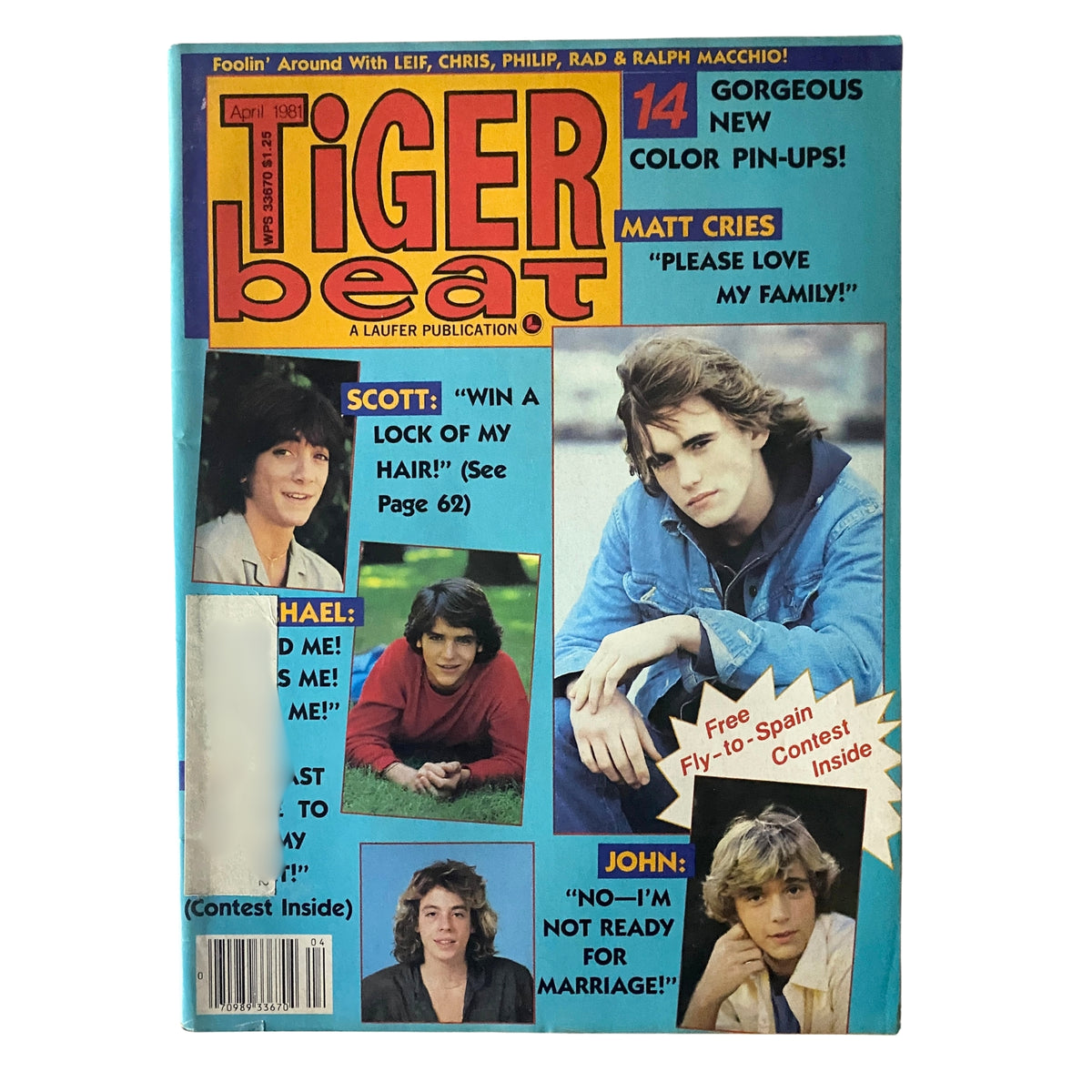 Tiger Beat Magazine April 1981 cover featuring Matt Dillon, Scott Baio, and Michael Damian with colorful headlines and pin-ups.