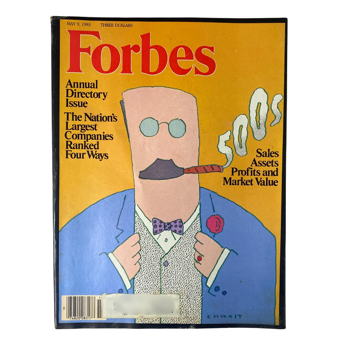 Cover of Forbes Magazine dated May 9, 1983, featuring the title 'Forbes Annual Directory Issue: The Nation's Largest Companies Ranked Four Ways'. The cover illustration includes a cartoon character with glasses and a cigar, highlighting the Forbes 500s ranking.