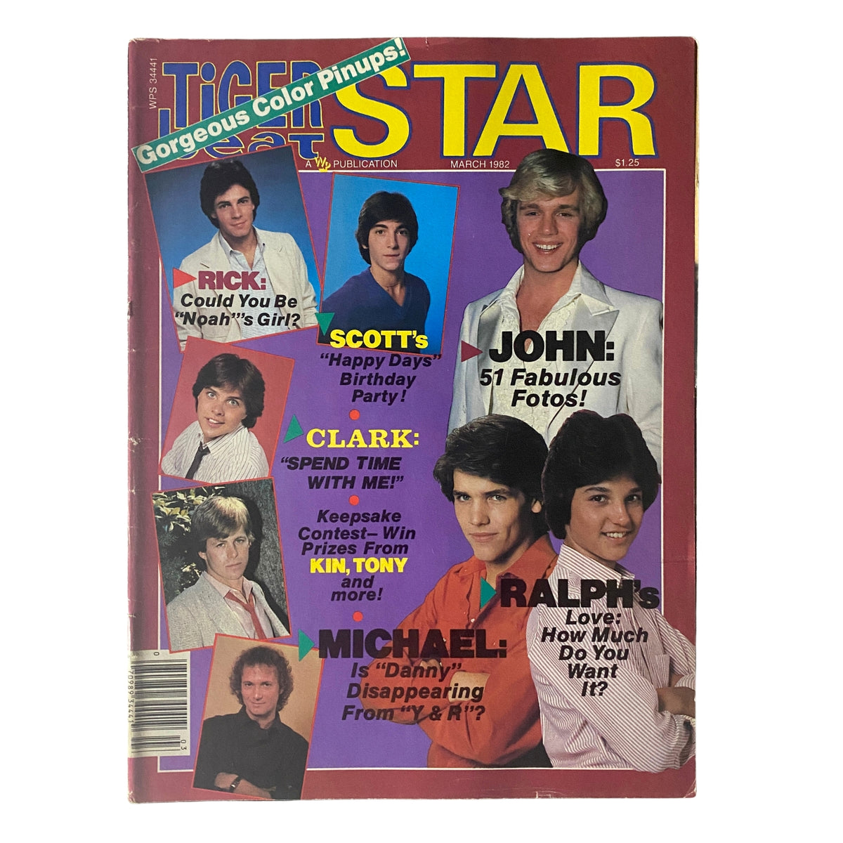 Cover of Tiger Beat Star Magazine March 1982 featuring Rick Springfield, Scott Baio, John Schneider, and Ralph Macchio. Highlights colorful pin-ups and captivating headlines from the vibrant 1980s era.