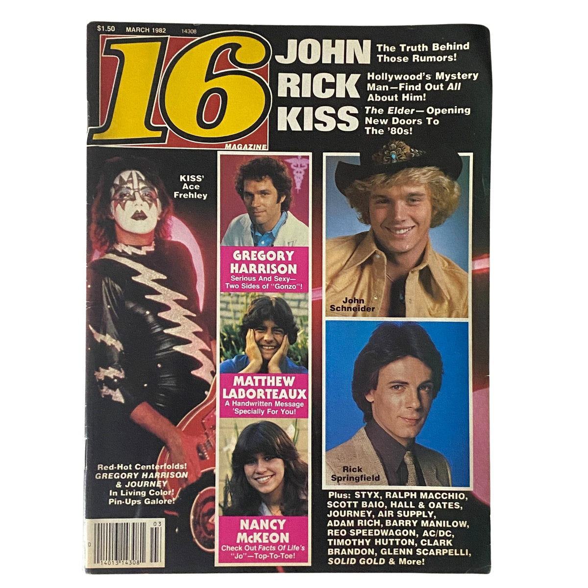 Cover of the 16 Magazine March 1982 featuring Ace Frehley of KISS, Gregory Harrison, Nancy McKeon, and John Schneider, celebrating pop culture and rock history.