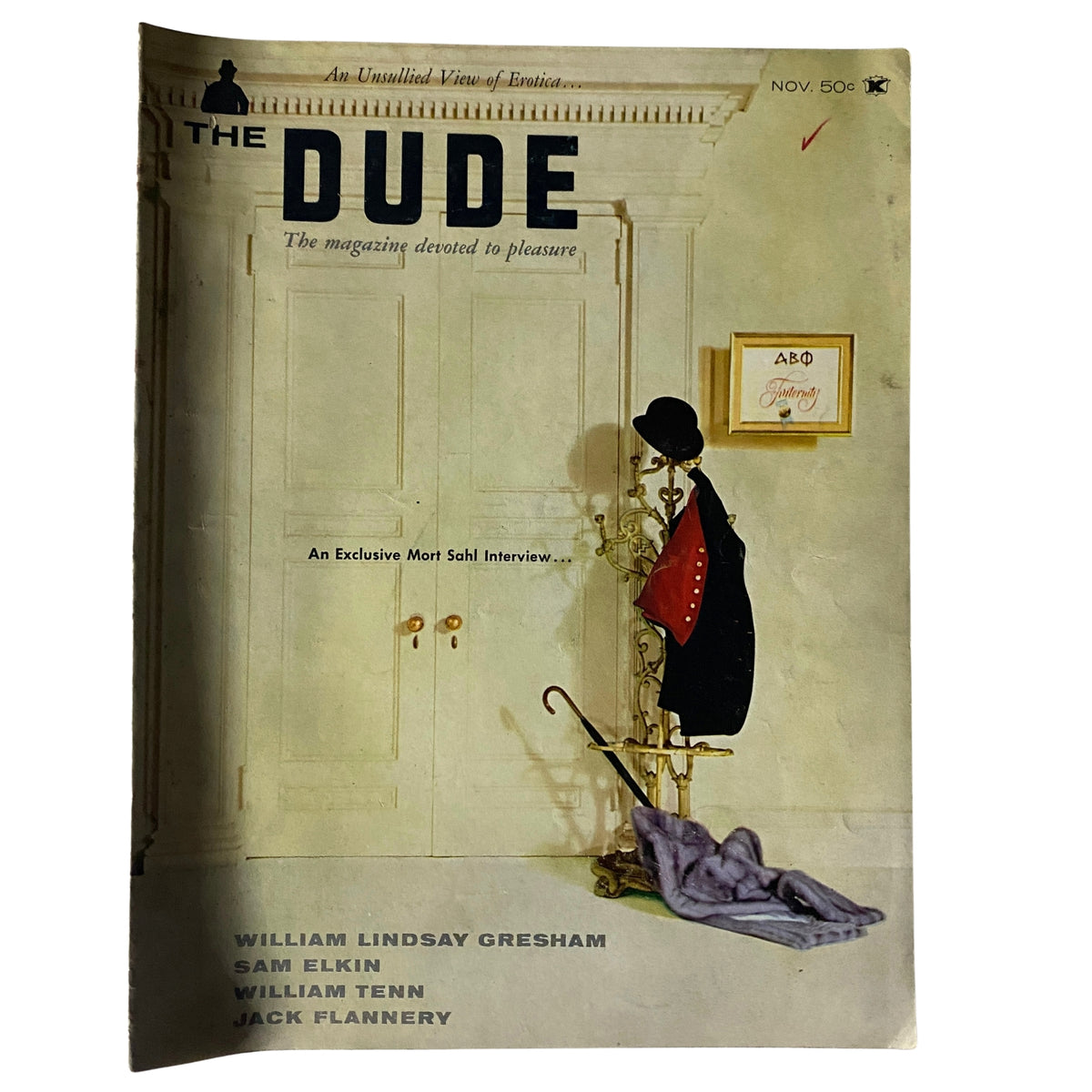 The Dude Magazine November 1960 cover featuring an illustration with a stylish figure, highlighting an exclusive Mort Sahl interview. The design blends vintage art and charm, making it a collectible item.