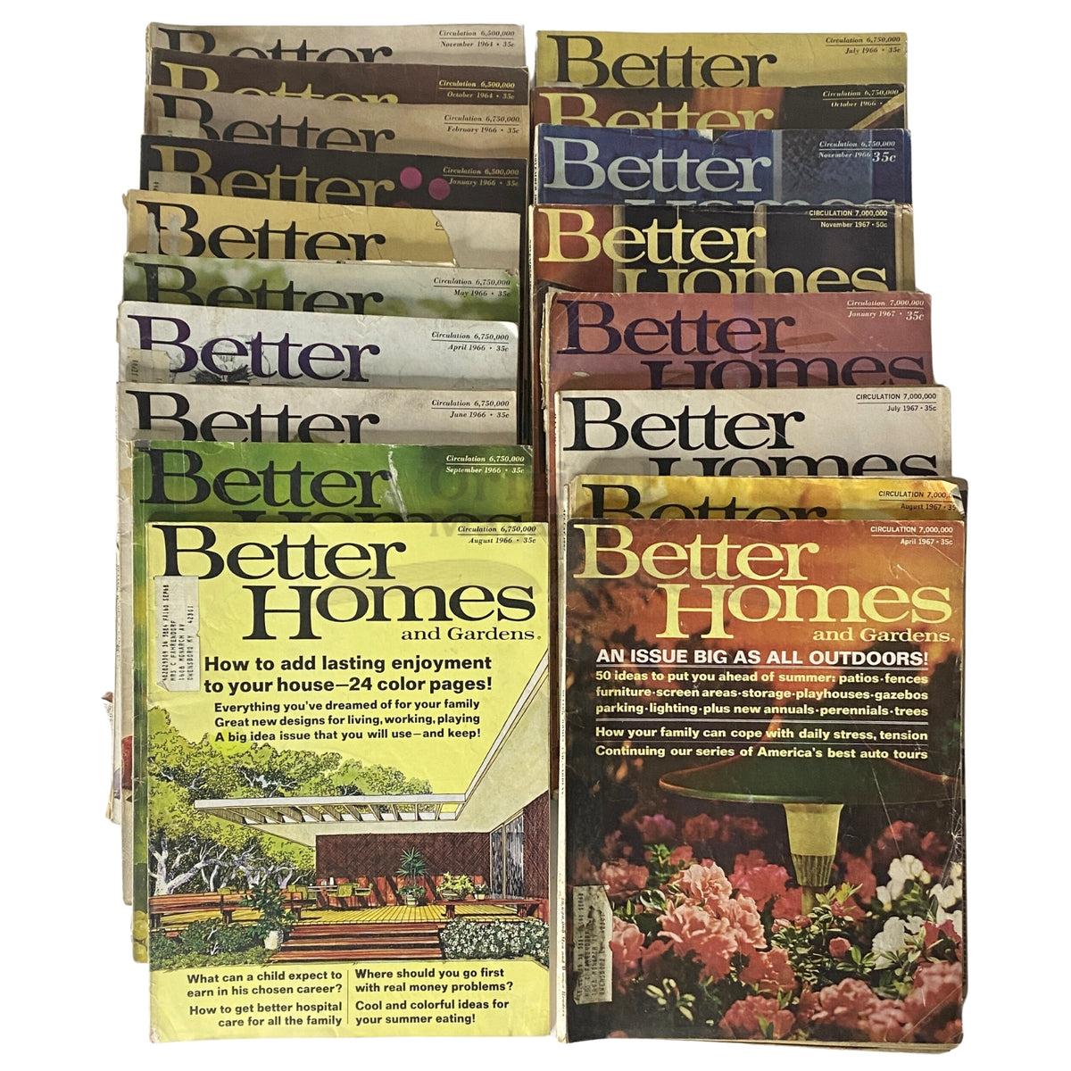 Collection of 18 vintage Better Homes and Gardens magazines from 1964, 1966, and 1967, showcasing colorful covers and nostalgic home decor ideas.
