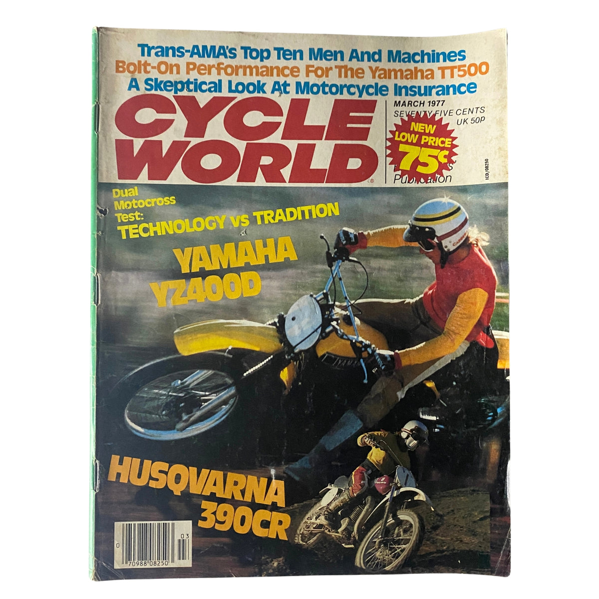Cycle World Magazine March 1977 cover featuring Husqvarna 390CR and Yamaha YZ400D motorcycles, highlighting motocross technology and tradition.