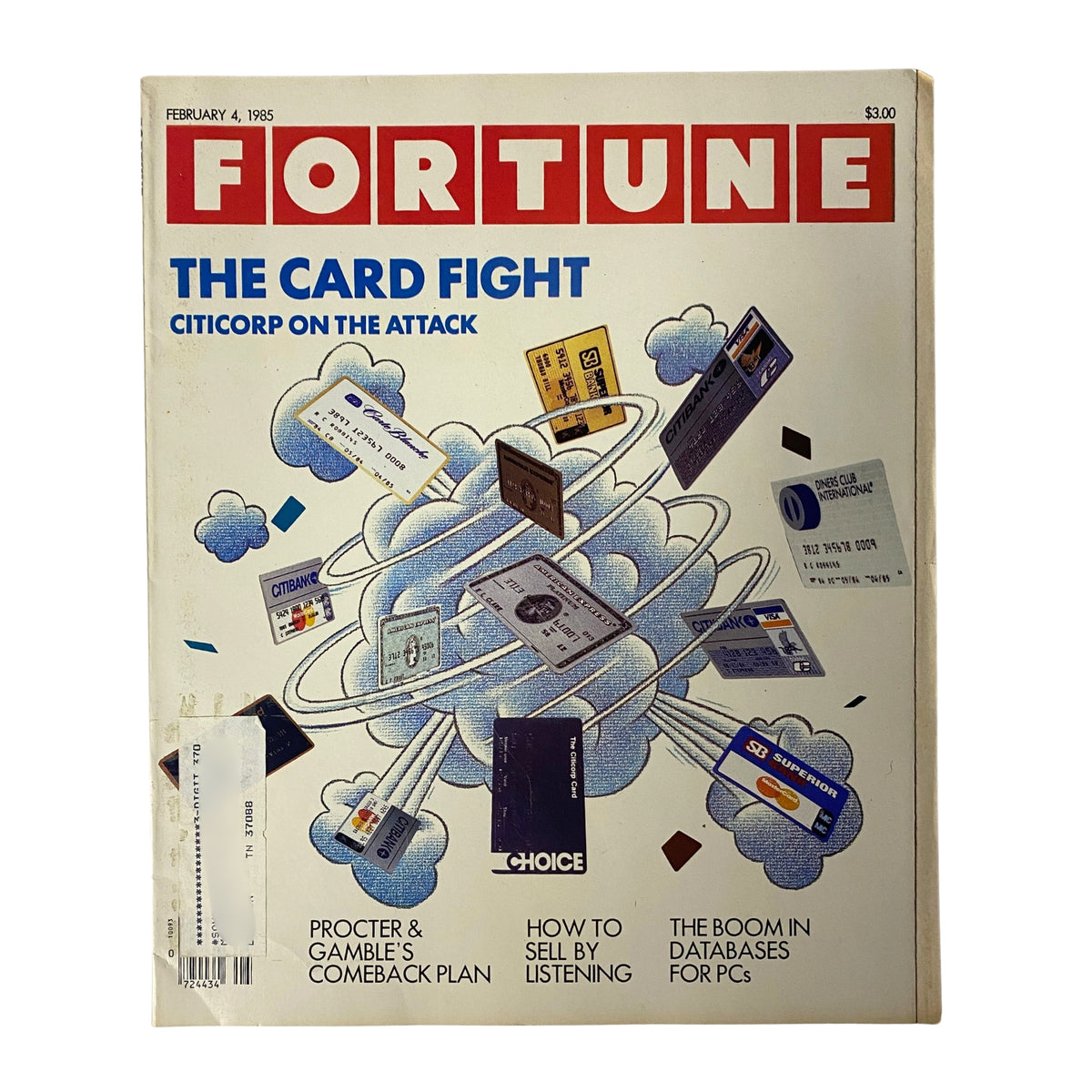 Cover of Fortune Magazine February 4, 1985, featuring the article 'The Card Fight: Citicorp On The Attack' alongside illustrations of credit cards.