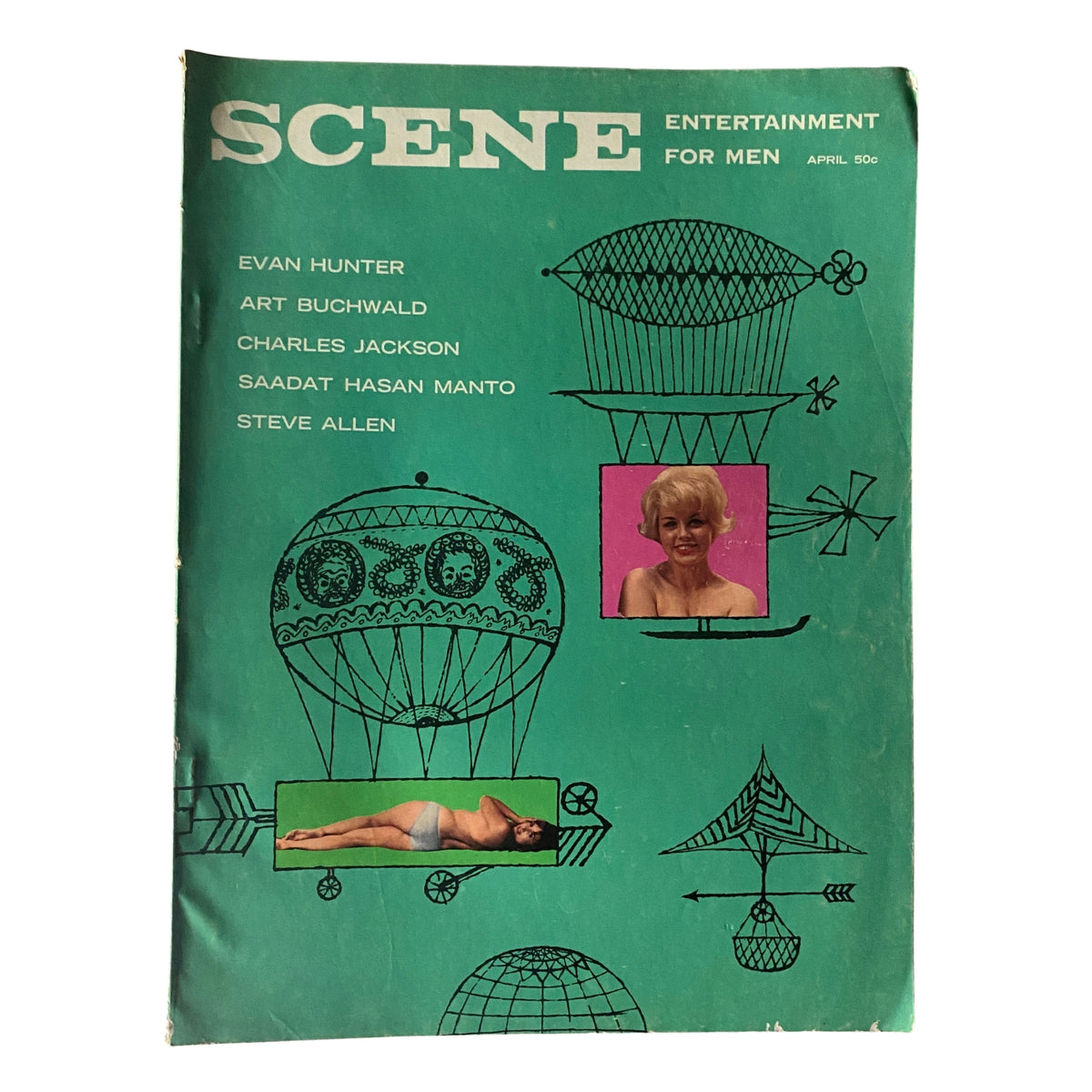 Cover of Scene Magazine April 1962 featuring striking graphics and names like Evan Hunter, Saadat Hasan Manto, and Steve Allen.