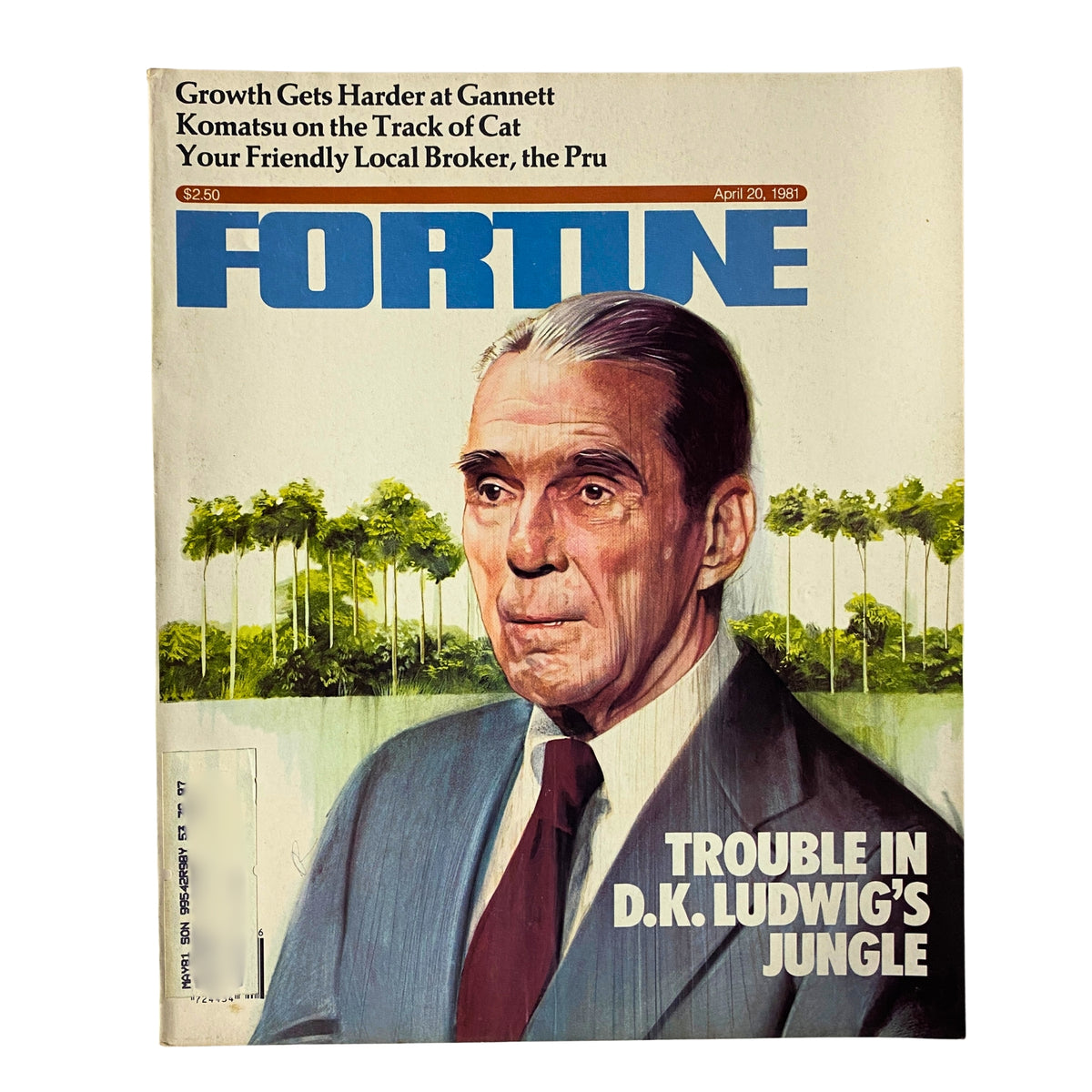 Cover of Fortune Magazine from April 20, 1981, featuring the title 'Trouble in D.K. Ludwig's Jungle' with an illustration of D.K. Ludwig and palm trees in the background.