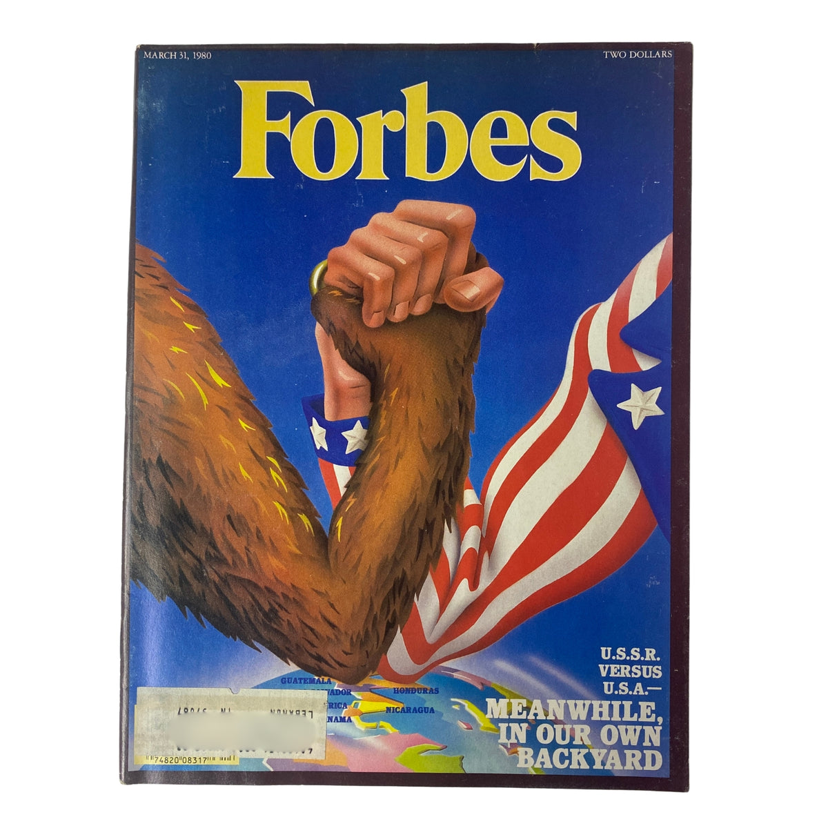 Forbes Magazine March 31, 1980 cover featuring a powerful illustration of a bear's arm shaking hands with a muscular arm, symbolizing the USSR vs USA rivalry, under the headline 'Meanwhile, In Our Own Backyard'.