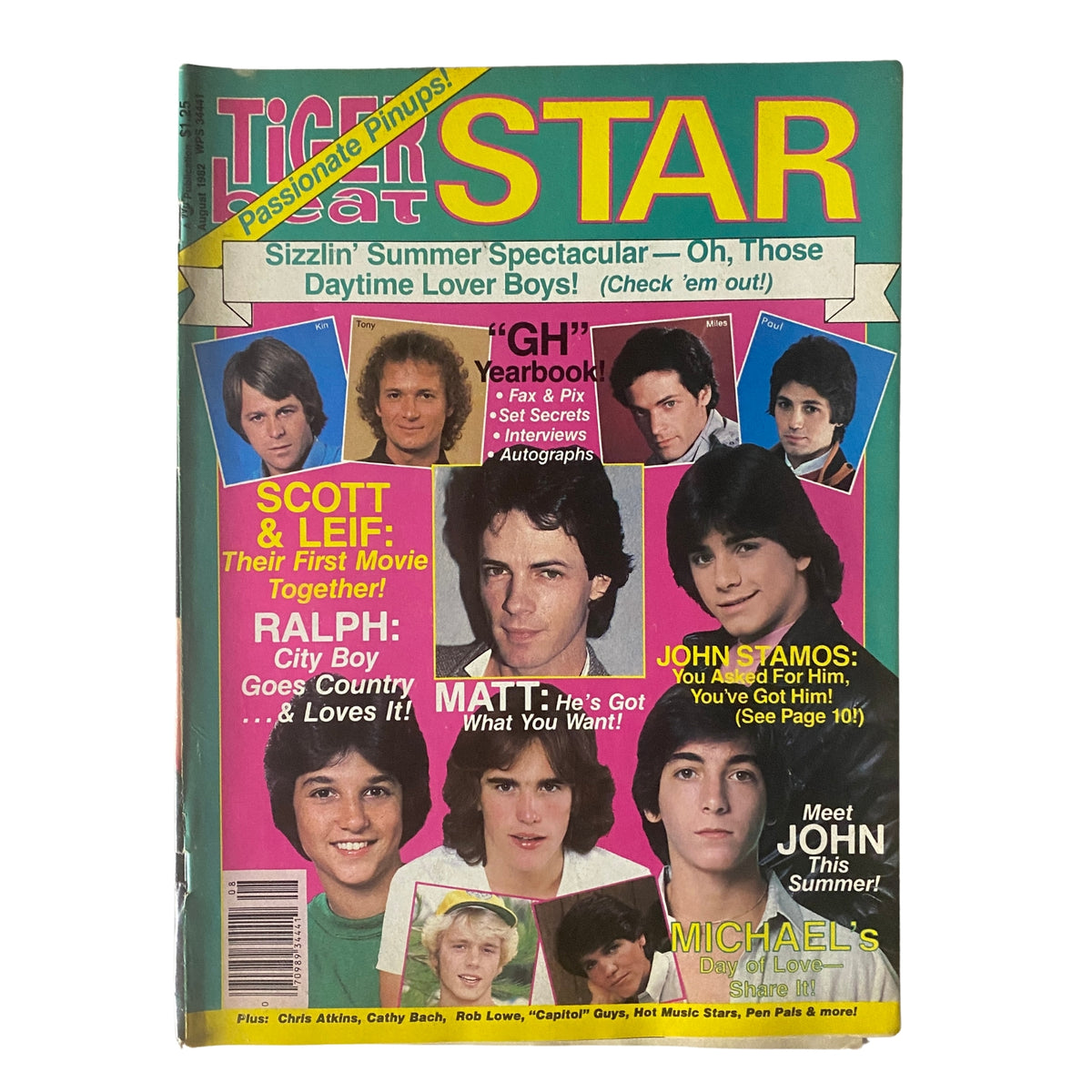 Cover of Tiger Beat Star Magazine August 1982 featuring Matt Dillon, John Stamos, and other popular 80s stars with vibrant colors and engaging headlines about young Hollywood icons.