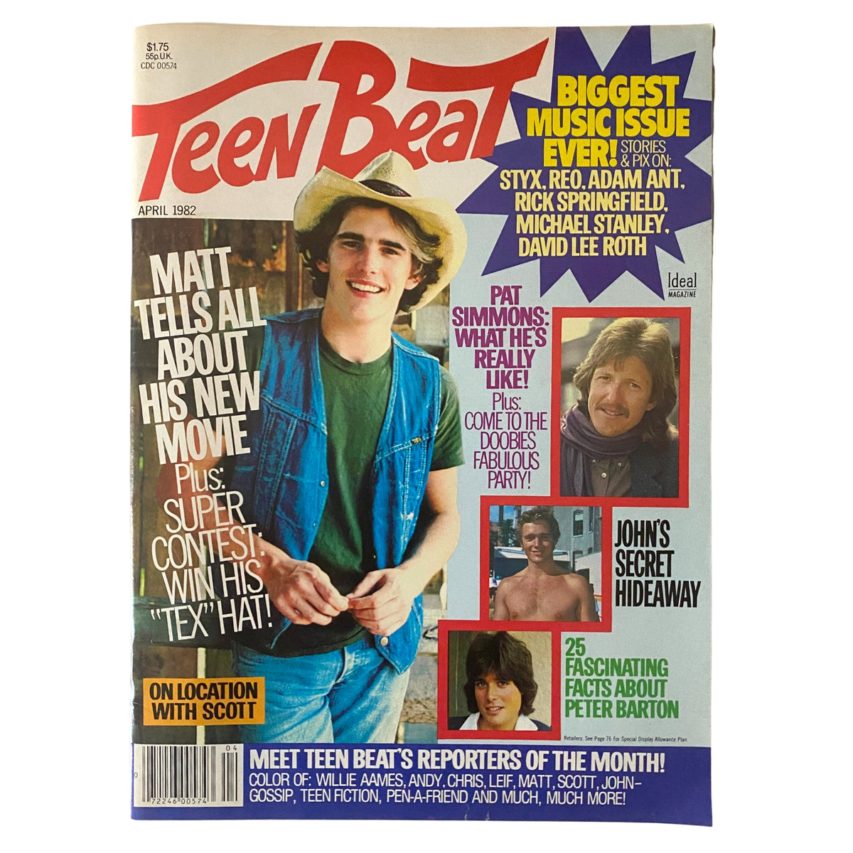 Teen Beat Magazine April 1982 cover featuring Matt Dillon and Pat Simmons, includes headlines about music, contests, and interviews.