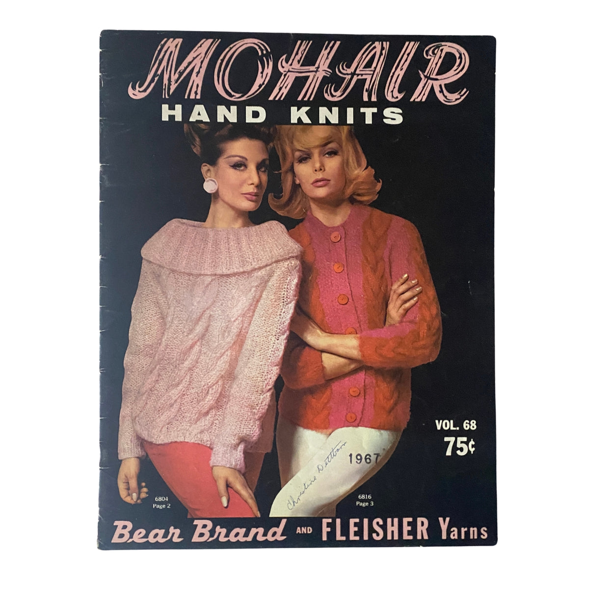 1967 Vol. 68 Mohair Hand Knits - Cover of Bear Brand and Fleisher Yarns knitting catalog featuring two models showcasing elegant mohair sweaters.