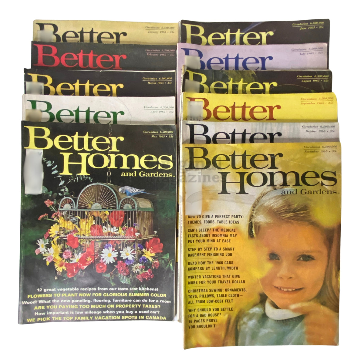 Collection of 11 vintage Better Homes and Gardens magazines from January to November 1965 showcasing mid-century home decor and gardening themes.